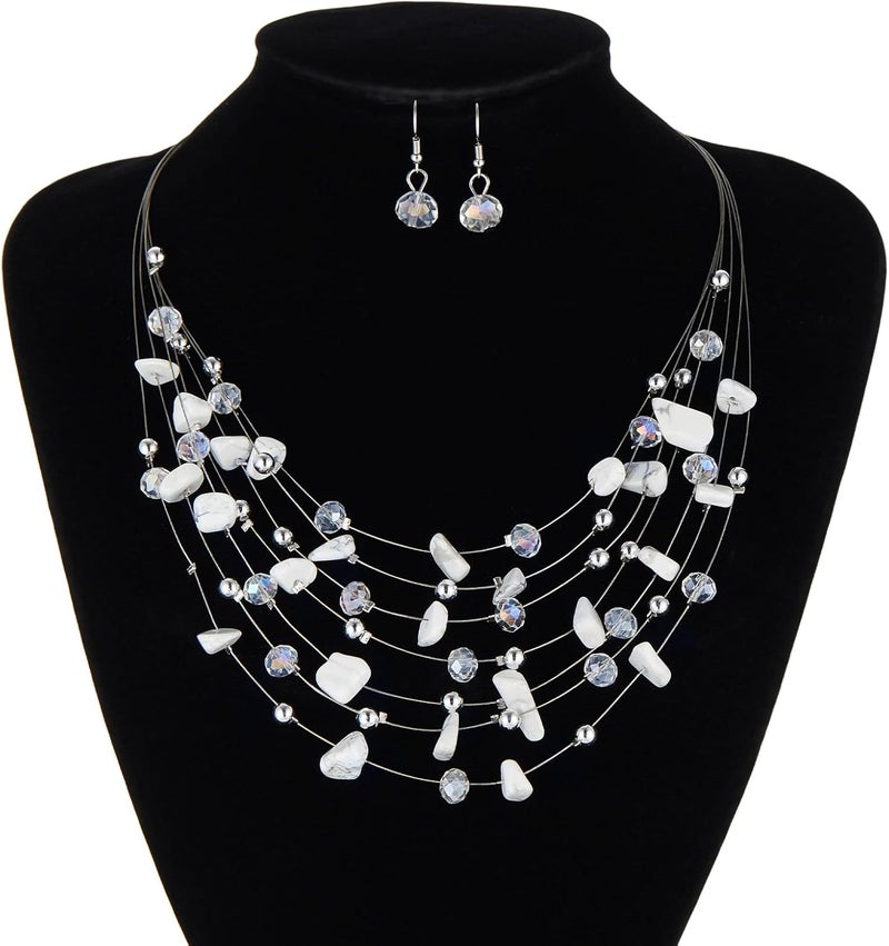 Errally Store Multi-Layer Boho Shell Beaded Necklace for Women Colorful Crystal Strand with Silver Beads Statement Collars Necklace and Earrings Costumes Jewelry Sets for Women - Image 4
